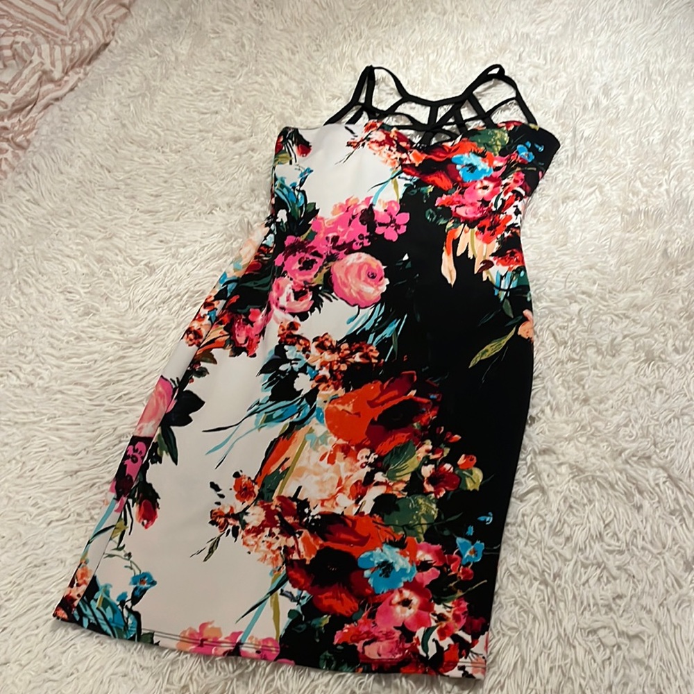 Venus Tropical Print Bodycon Dress Strappy Details